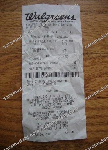 USA Walgreens pharmacy payment receipt